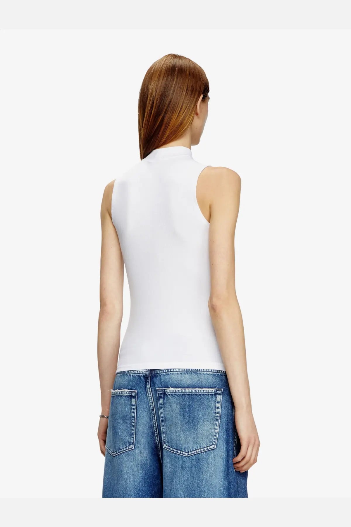 Diesel women’s mokky ls microdiv stretch viscose white sleeveless high neck tank top front view