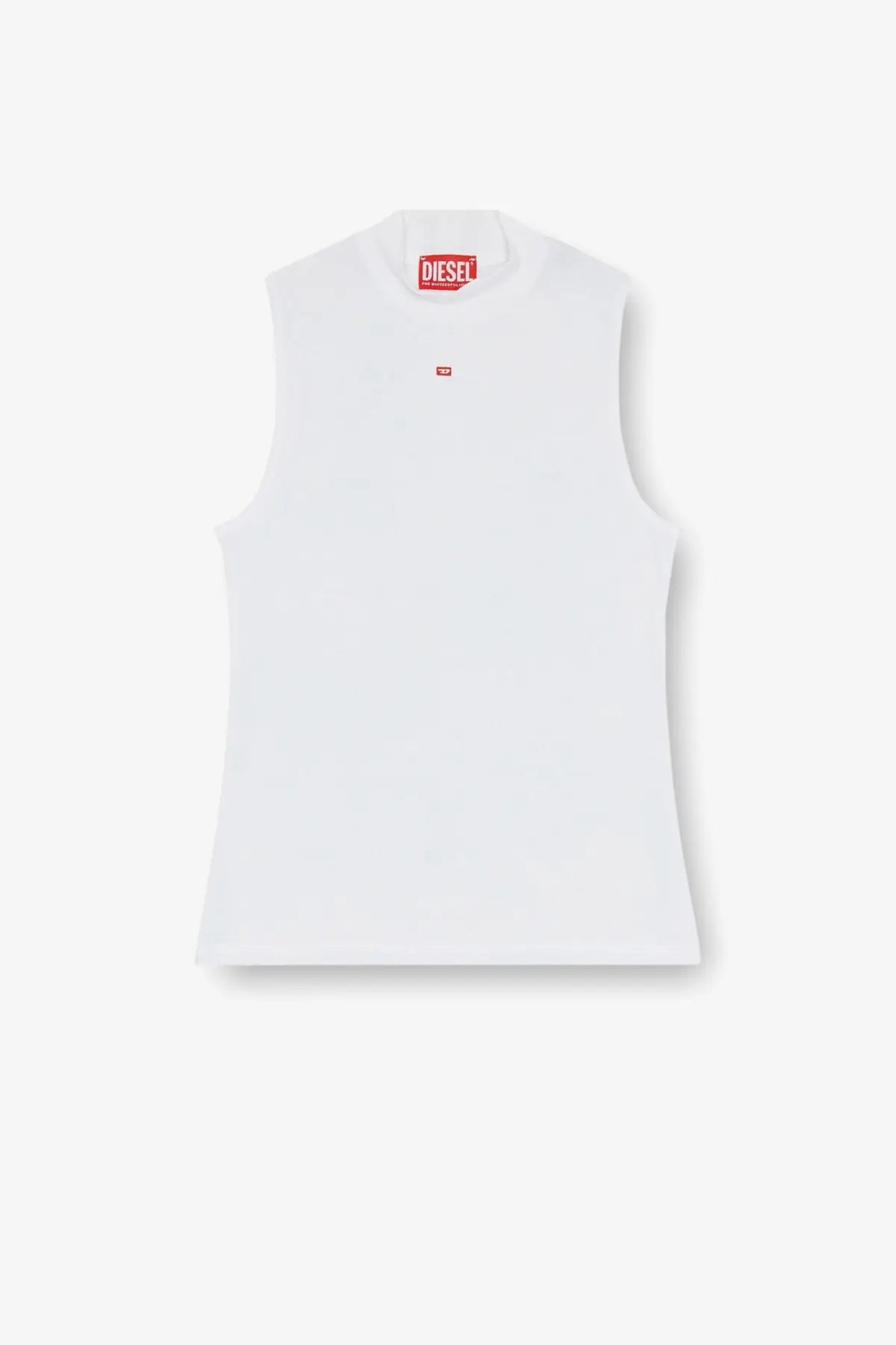 Diesel women’s mokky ls microdiv stretch viscose white sleeveless top with red logo tag and small chest emblem