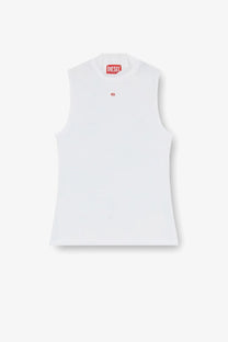 Diesel women’s mokky ls microdiv stretch viscose white sleeveless top with red logo tag and small chest emblem
