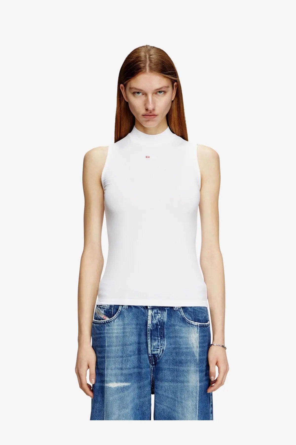 Diesel women’s white sleeveless high-neck tank top with microdiv stretch viscose fabric and red chest logo