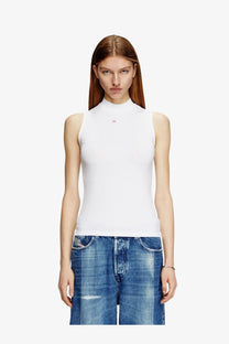 Diesel women’s white sleeveless high-neck tank top with microdiv stretch viscose fabric and red chest logo