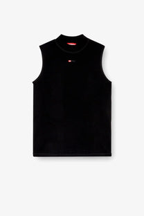 Diesel women’s mokky sl microdiv tank top in black ribbed stretch viscose with crew neckline and red logo tags at collar