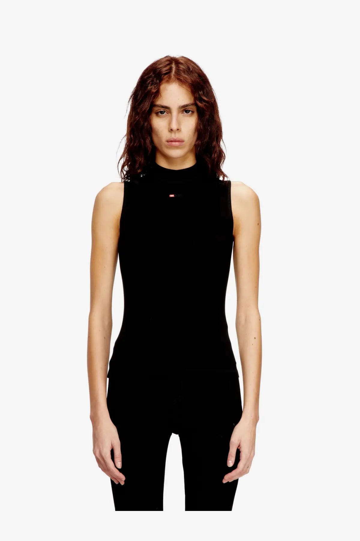 Diesel women’s mokky sl microdiv tank top black sleeveless high neck stretch viscose with red and white logo