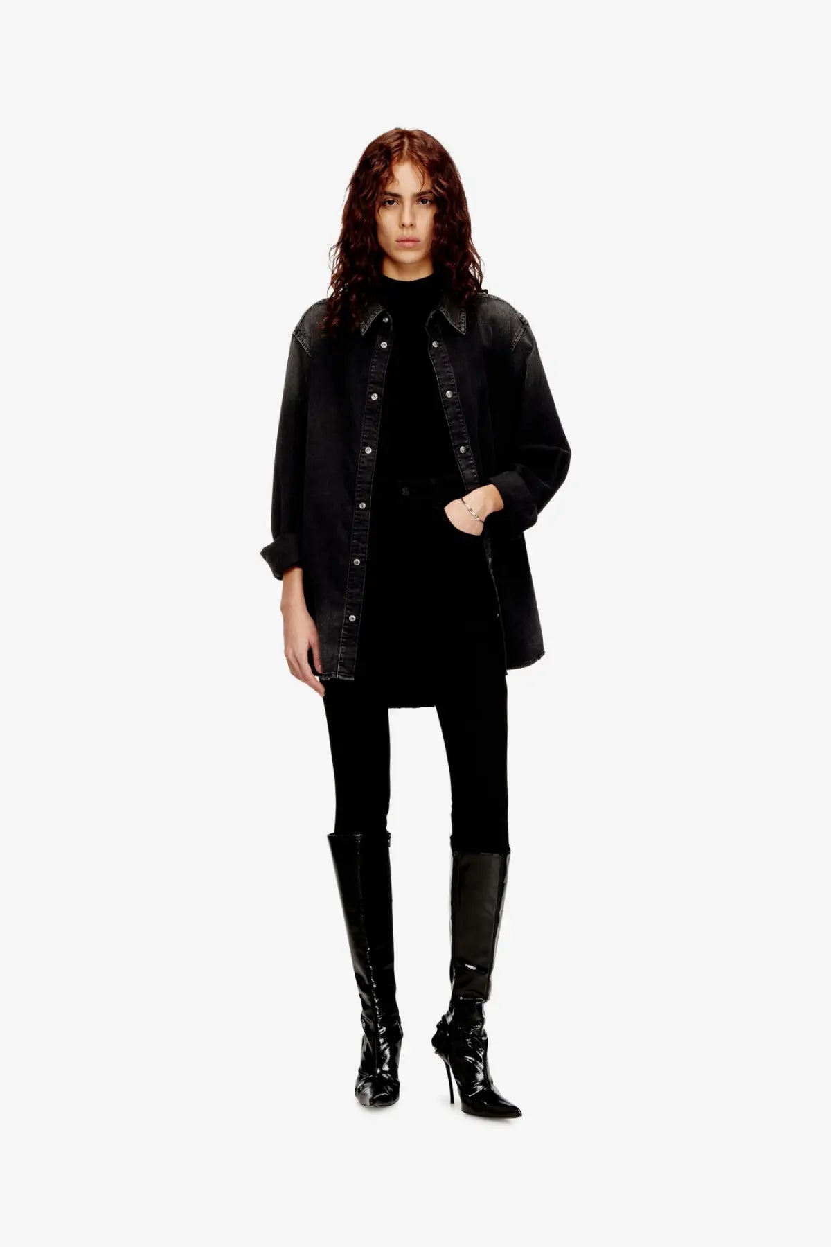 Black denim jacket with contrasting dark stitching and silver buttons paired with Diesel women’s Mokky SL tank top