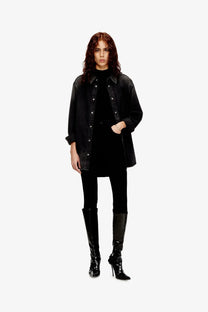 Black denim jacket with contrasting dark stitching and silver buttons paired with Diesel women’s Mokky SL tank top