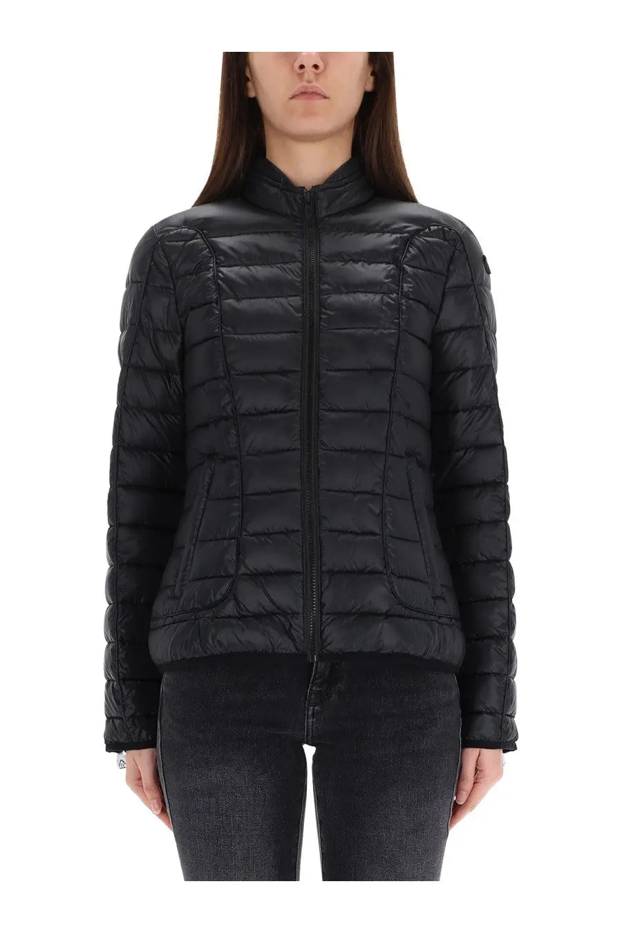 Diesel women’s pilot fem jacket black quilted puffer with high collar and front zipper for cold weather