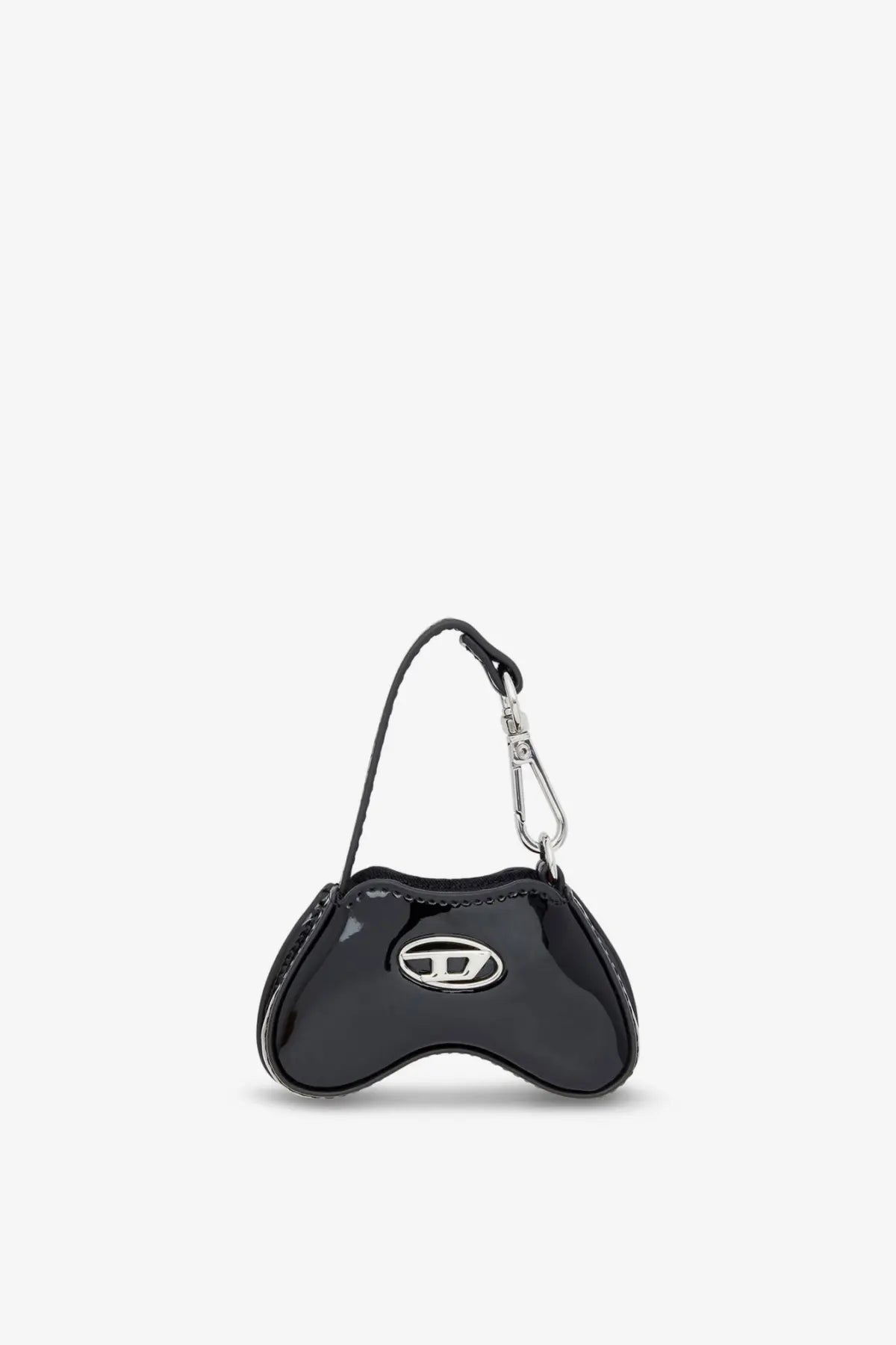 Diesel women’s play charm shiny keychain black mini purse shaped like a video game controller with silver logo and carabiner strap