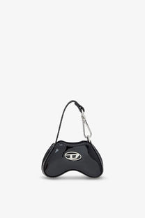 Diesel women’s play charm shiny keychain black mini purse shaped like a video game controller with silver logo and carabiner strap