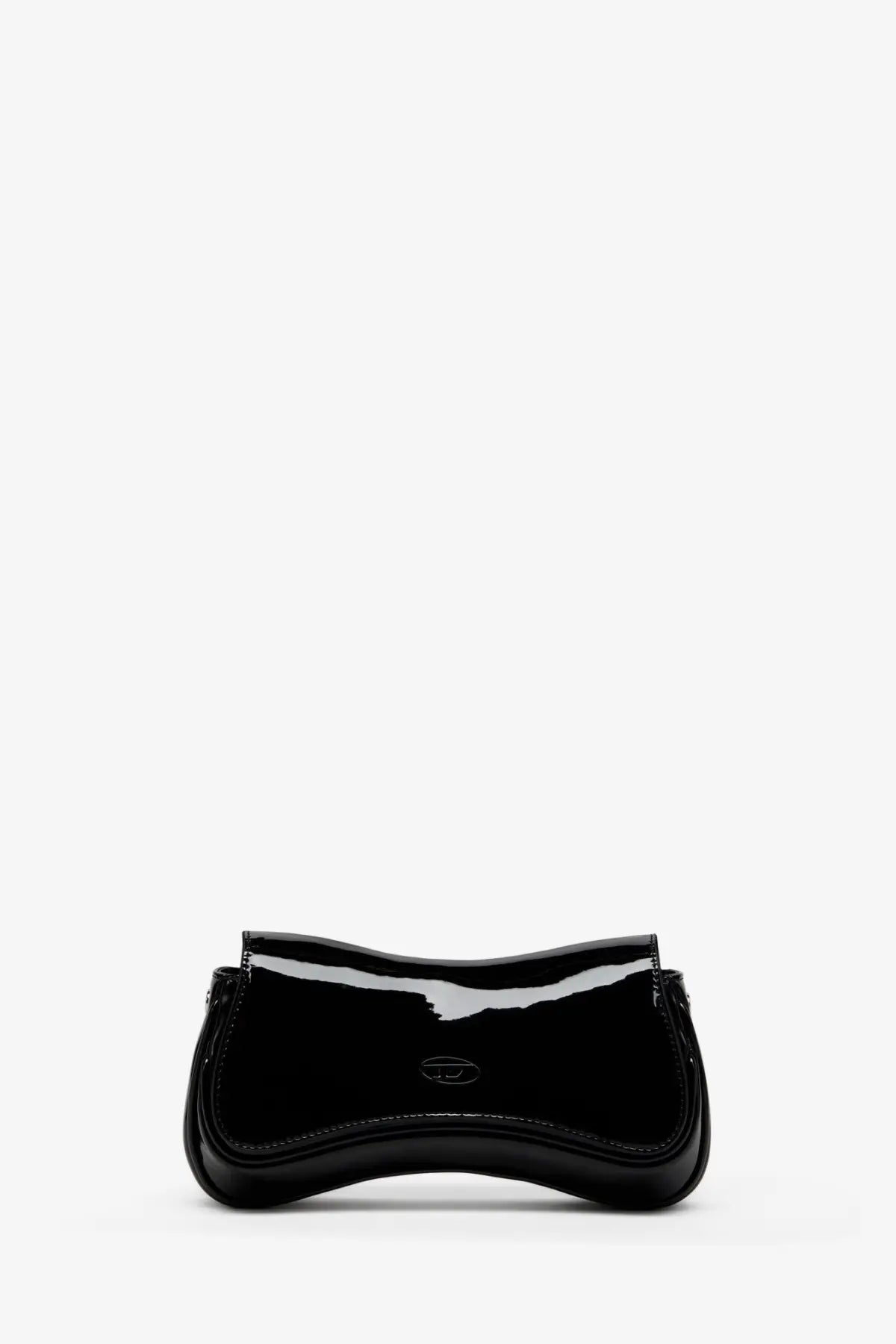 Diesel women’s play clutch shiny leather shoulder bag black with glossy patent leather curved design and embossed logo