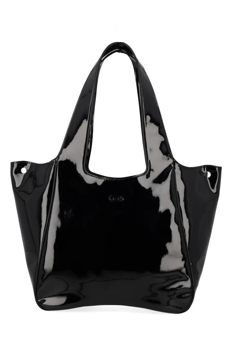 Diesel women’s play shopper ew tote bag black glossy patent leather with sleek minimalist design and subtle logo center