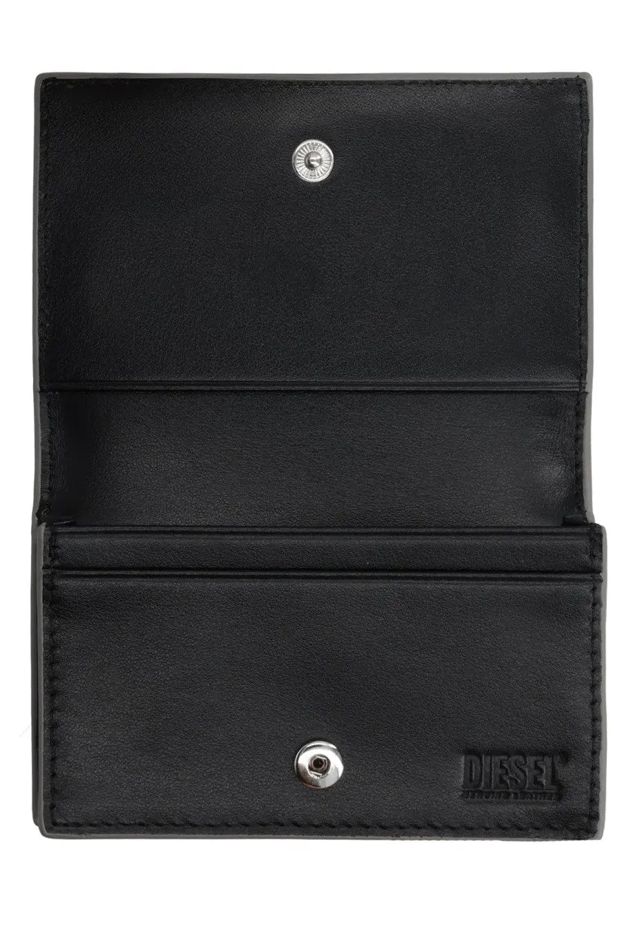 Black leather diesel womens portacarte 1dr silver wallet with silver snap buttons and embossed logo visible