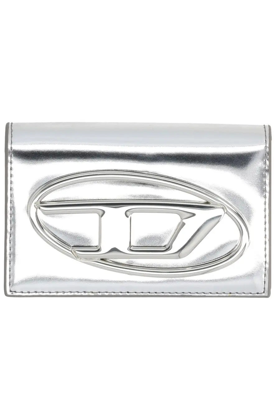 Diesel women’s portacarte 1DR silver metallic clutch wallet with embossed logo design in silver metallic leather
