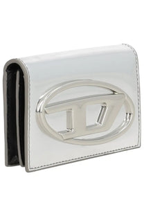 Silver metallic logo adorns a sleek glossy white leather compact wallet in diesel womens portacarte 1dr silver