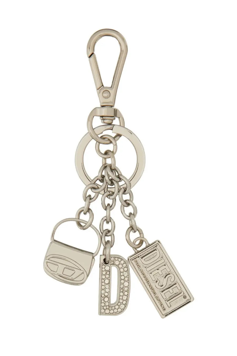 Silver metallic Diesel women’s portachiave keychain with chain and three charms including lock, crystal d, and logo tag