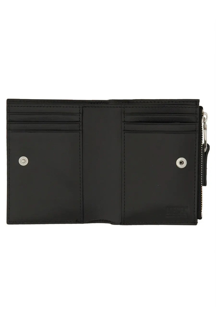 Diesel women’s portafoglio in pelle black leather tri-fold wallet with silver snap buttons and zipper closure