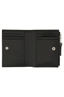 Diesel women’s portafoglio in pelle black leather tri-fold wallet with silver snap buttons and zipper closure
