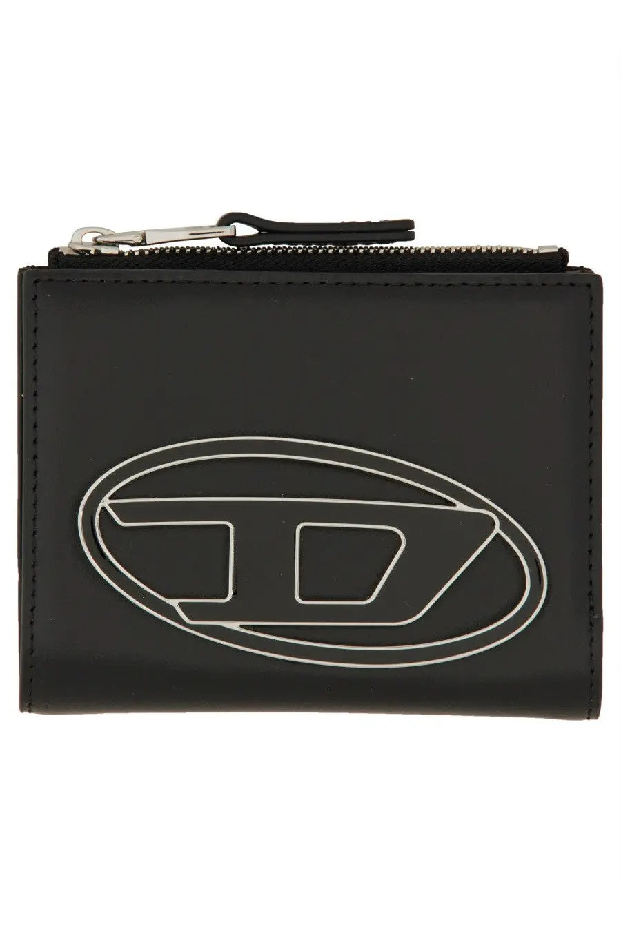 Black leather zippered wallet with silver toned logo emblem from diesel womens portafoglio in pelle black