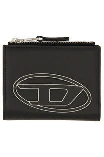 Black leather zippered wallet with silver toned logo emblem from diesel womens portafoglio in pelle black