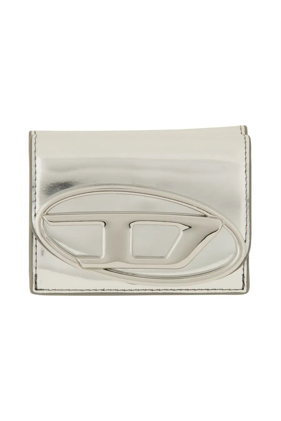 Silver metallic Diesel women’s portafoglio trifold wallet with a prominent embossed logo on the front