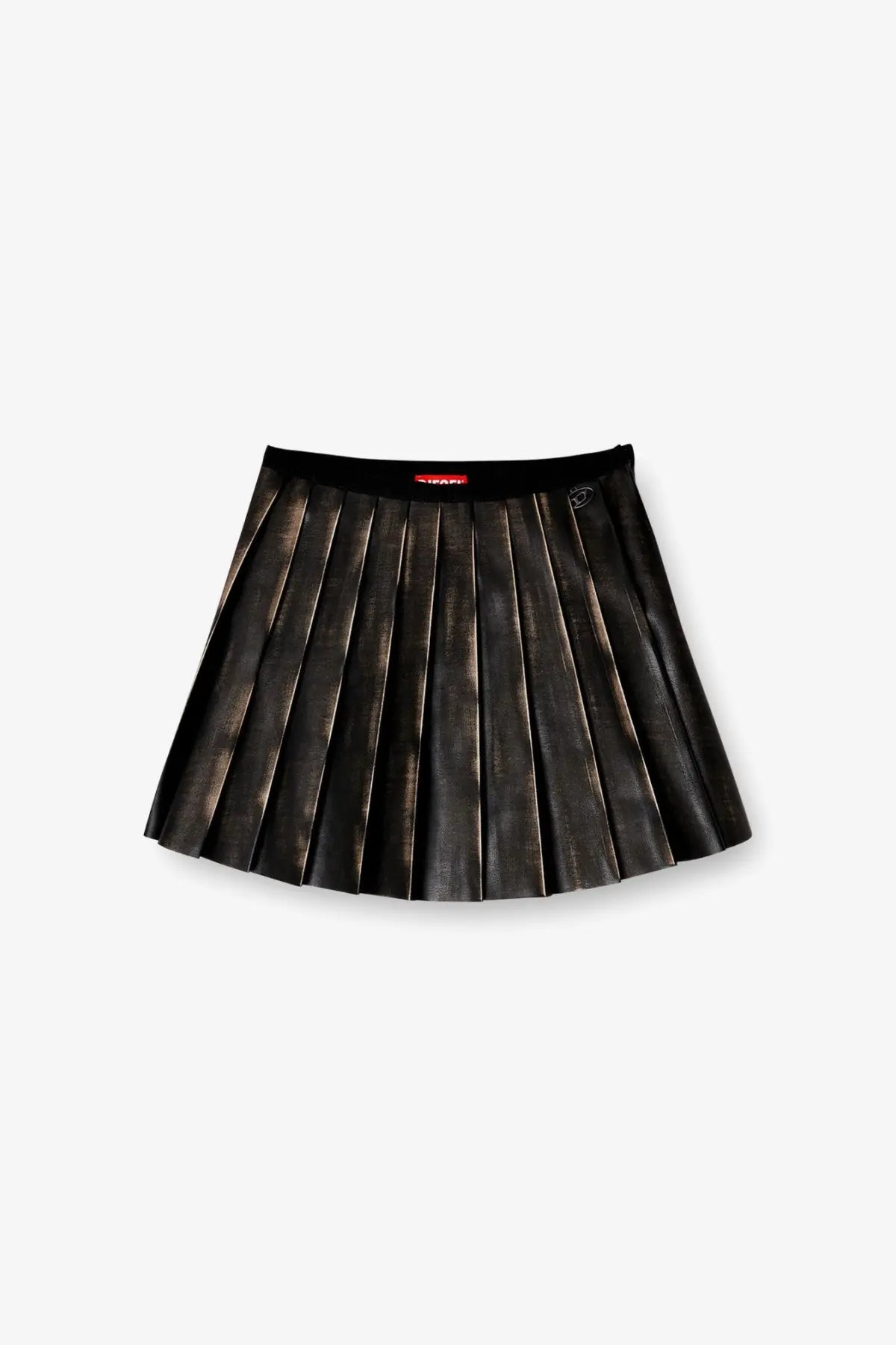 Diesel women’s saka mini faux leather skirt in black with pleats metallic sheen and red label at the waistband