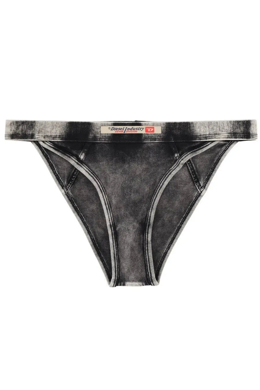 Diesel women’s Scarlet Dnm brief black denim-style bikini bottom with faded distressed texture and white stitching