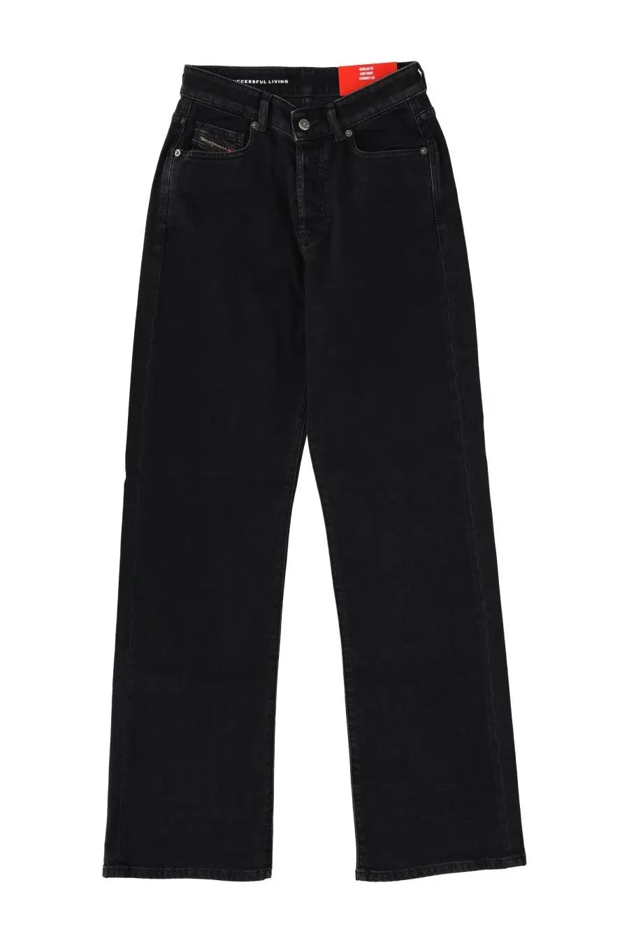 Black denim high-rise straight-leg jeans for women featuring diesel logo on front button