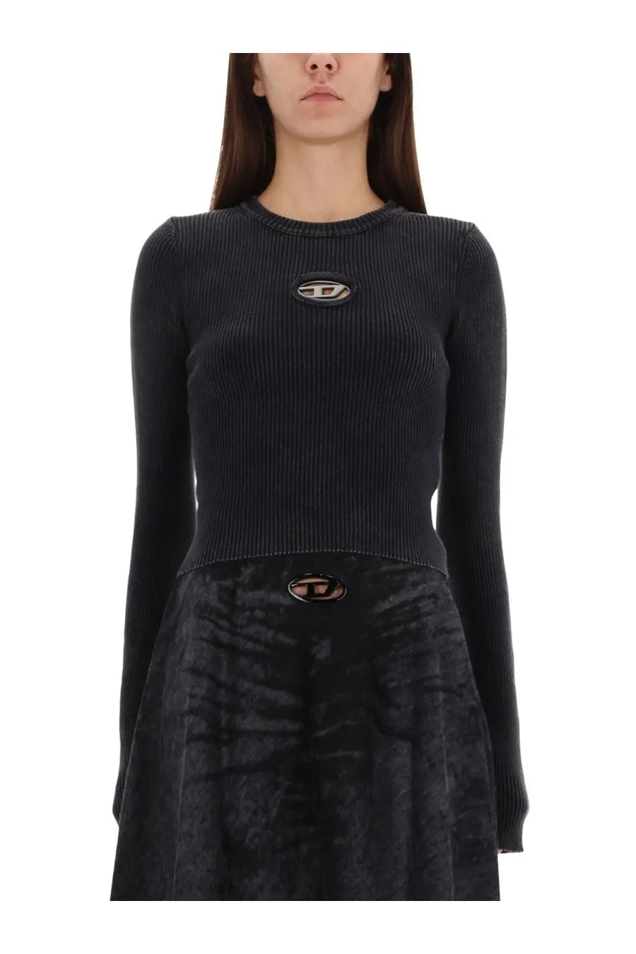 Diesel women’s shirt anchor black ribbed knit long sleeve top with contrasting logo patches at chest and waistband