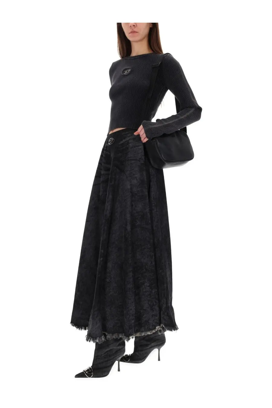 Diesel women’s shirt anchor black with textured black maxi skirt featuring subtle pattern and frayed hem