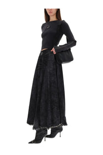 Diesel women’s shirt anchor black with textured black maxi skirt featuring subtle pattern and frayed hem