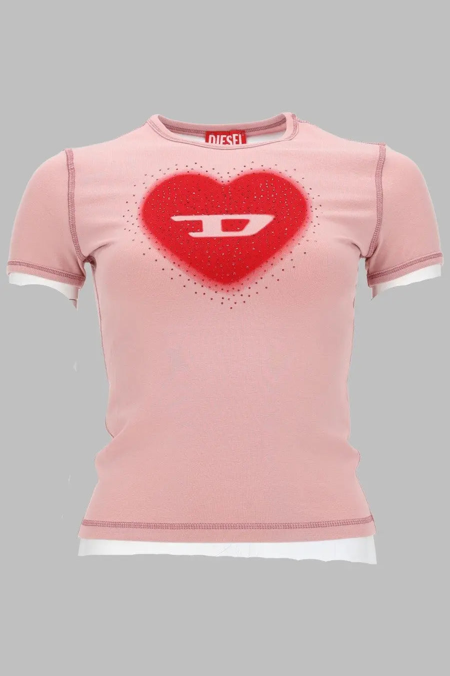 Pink diesel short-sleeved shirt with red heart and white d logo featuring sparkling embellishments for women