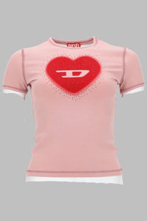 Pink diesel short-sleeved shirt with red heart and white d logo featuring sparkling embellishments for women