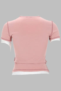 Diesel women’s soft pink cropped top with short sleeves and white trim along cuffs hem and shoulder seams