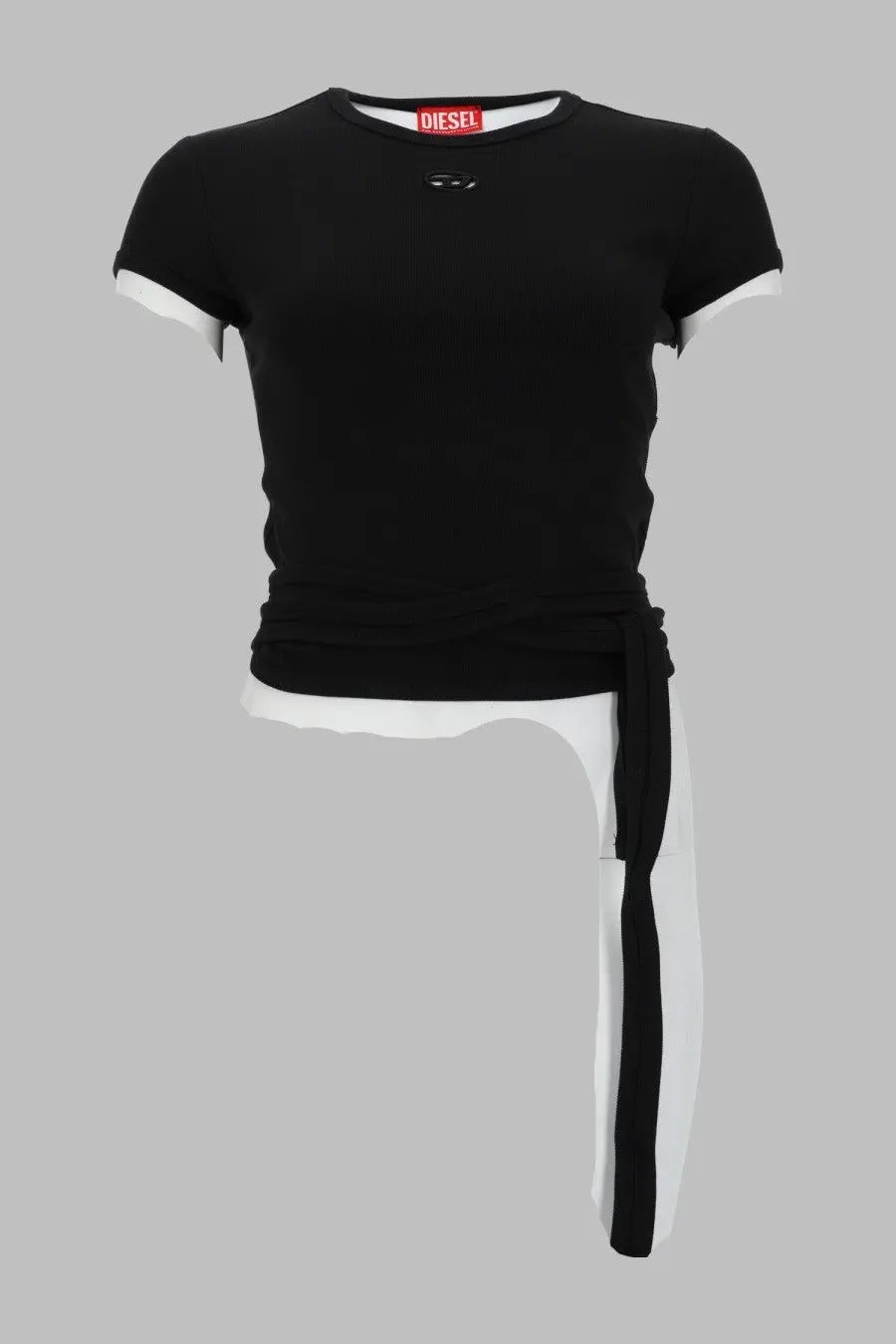 Diesel women’s black costine con lacci t-shirt with white trim on sleeves and hem and tied waist detail