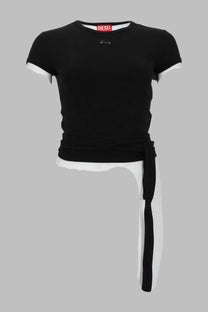Diesel women’s black costine con lacci t-shirt with white trim on sleeves and hem and tied waist detail