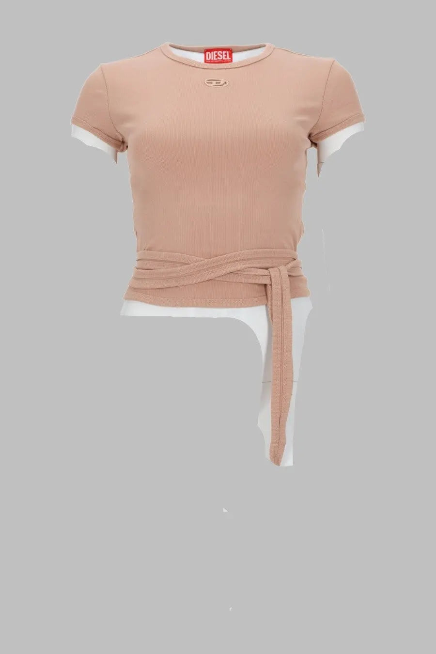 Diesel women’s dusty rose short-sleeved shirt with white lining and fabric waist tie for casual wear