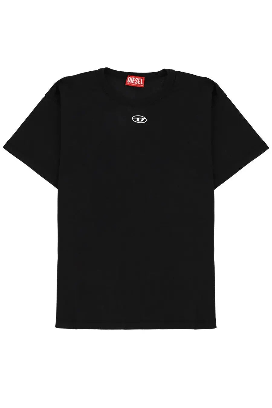 Diesel women’s black t-shirt with small white embroidered logo on chest and red brand tag at neckline