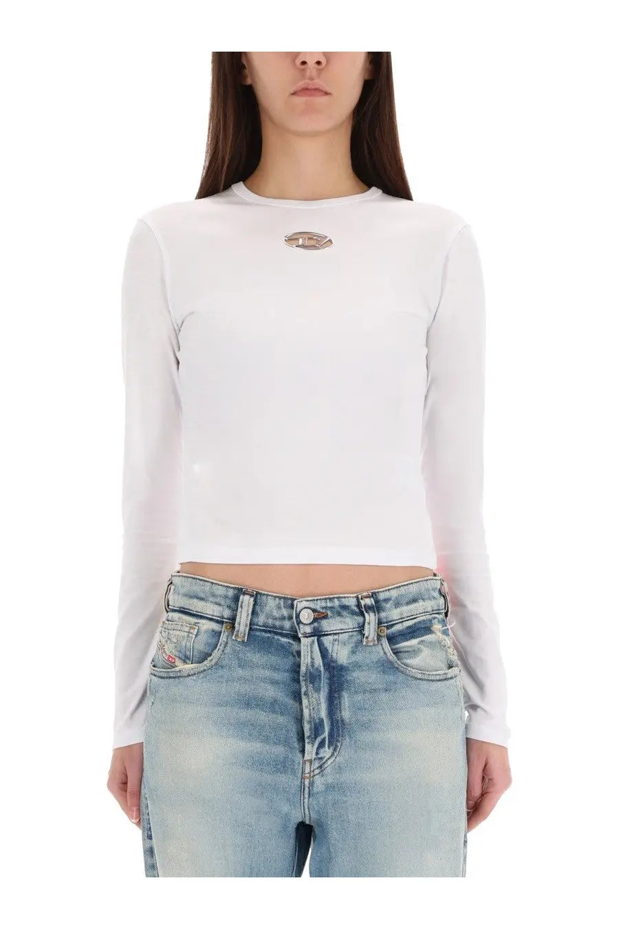 Diesel women’s white long-sleeved crop top with subtle metallic logo at the neckline uncutie long shirt