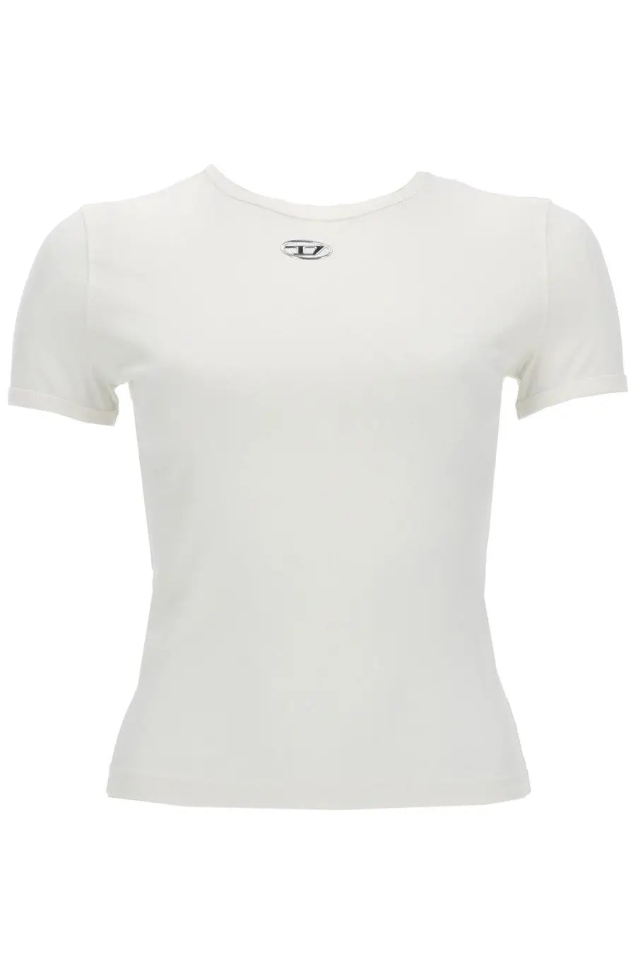Diesel women’s white short-sleeved shirt uncutieslong with a subtle black logo at the neckline