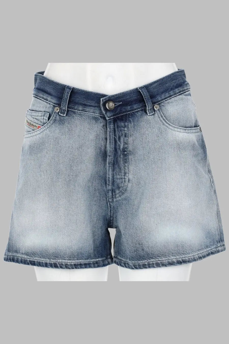 Diesel women’s light-wash denim blue shorts with high waist five-pocket design and subtle fading for worn-in look