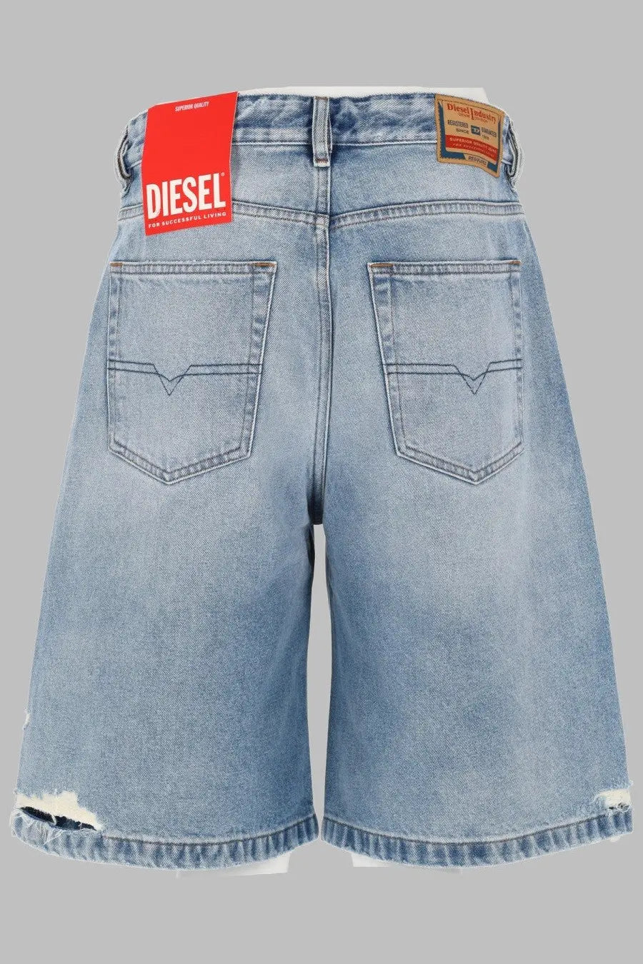 Diesel women’s light-wash denim blue shorts with distressed frayed hem and classic back pockets showing the back side
