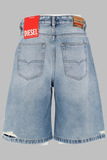 Diesel women’s light-wash denim blue shorts with distressed frayed hem and classic back pockets showing the back side