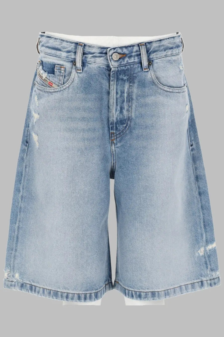 Diesel women’s light-wash denim shorts in blue with a distressed ripped design and classic five-pocket style