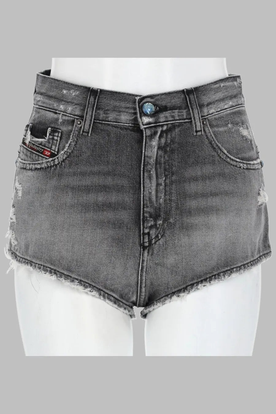 Diesel women’s distressed black denim shorts with frayed hem and branded patch on front pocket