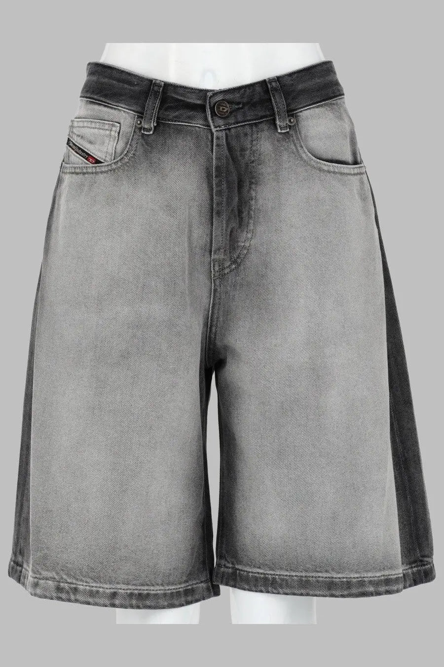 Diesel women’s denim shorts in distressed black and gray with high waist and five-pocket design featuring logo