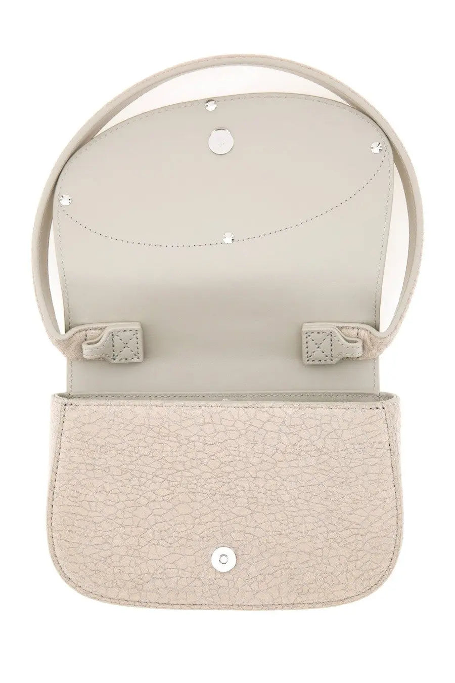 Diesel women’s shoulder bag 1DR white light gray textured leather with circular top handle and silver-toned hardware