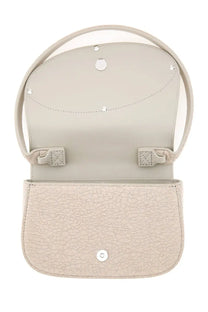 Diesel women’s shoulder bag 1DR white light gray textured leather with circular top handle and silver-toned hardware