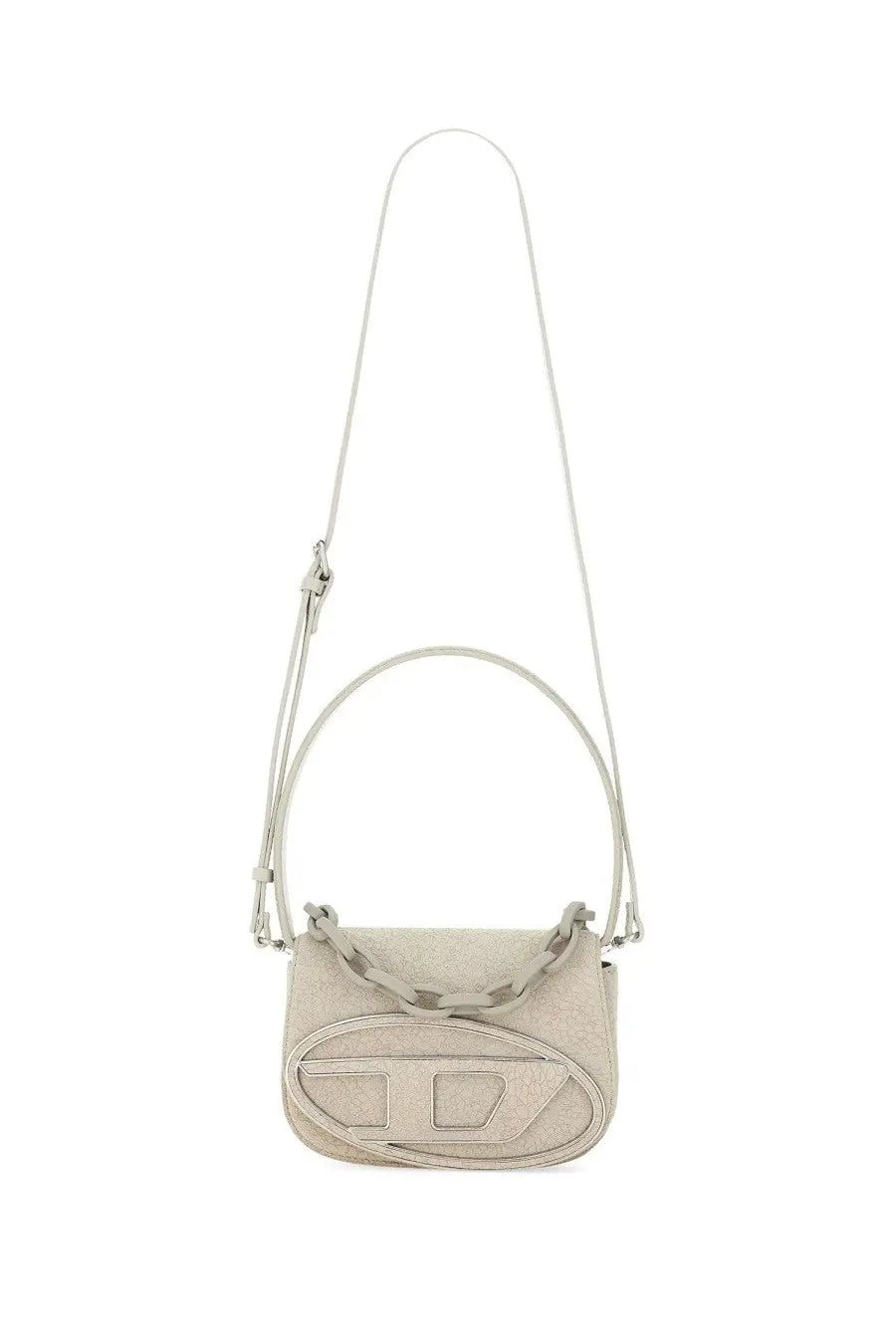 Diesel women’s shoulder bag 1DR white sleek light gray leather crossbody with oval logo and chain-link handle