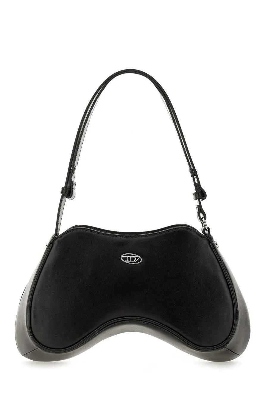 Diesel women’s black leather shoulder bag with sleek curved design and silver logo emblem for stylish use