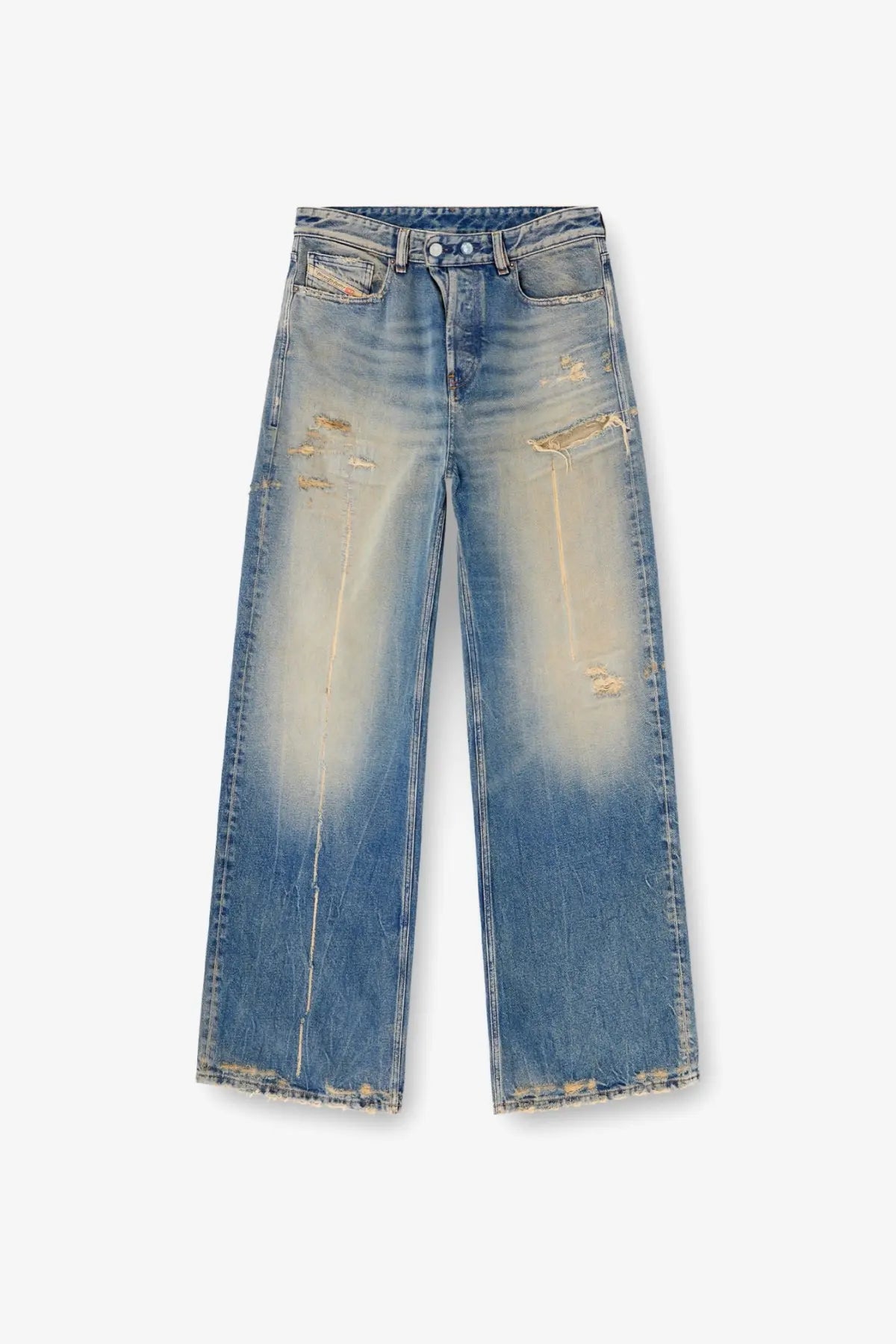 Diesel women’s sire distressed denim blue jeans with faded wash and intentional rips in blue denim material