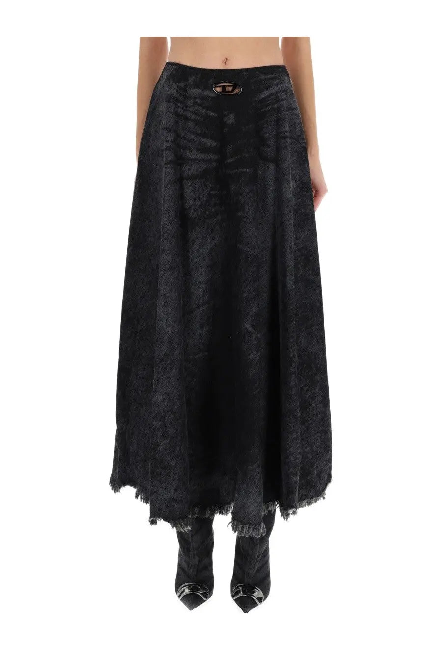 Diesel women’s black velvet midi skirt with subtle textured pattern and frayed hem